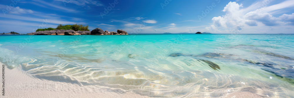 Tropical paradise beach with white sand and crystal clear blue water. Beautiful natural summer vacat