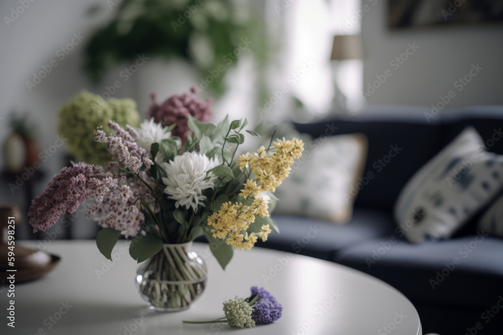 Interior design with flowers in vase. Illustration AI Generative.