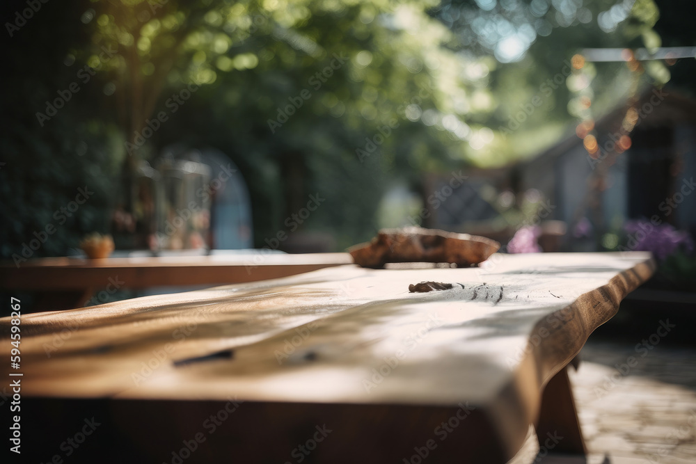 Wooden table in garden. Illustration AI Generative.