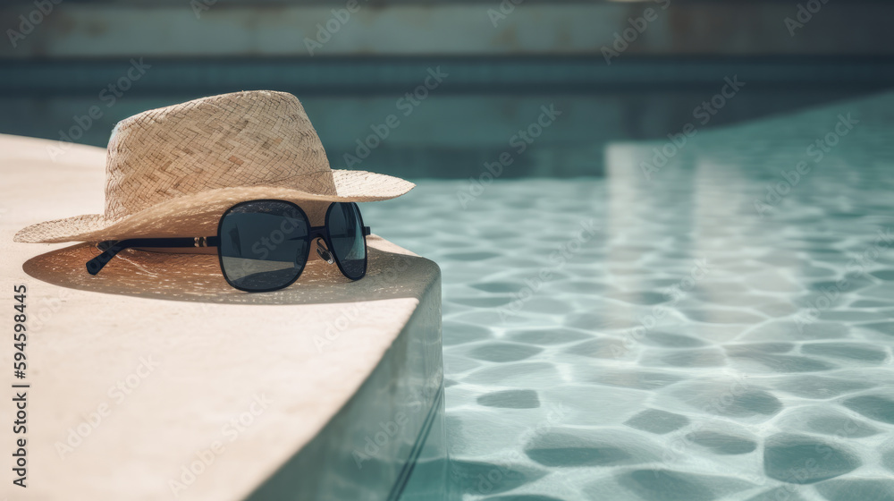 Summer hat and pool. Illustration AI Generative.