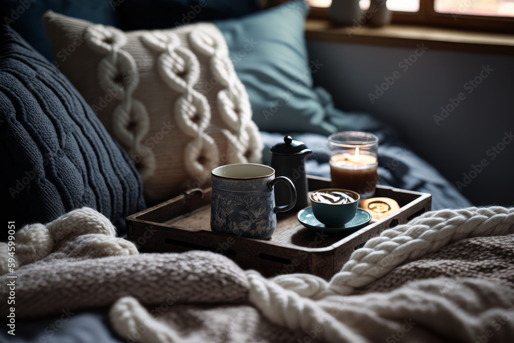 Cozy interior with cup of coffee. Illustration AI Generative