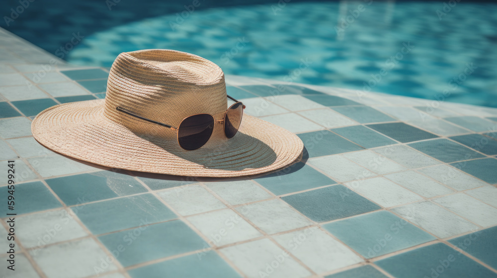 Summer hat and pool. Illustration AI Generative.