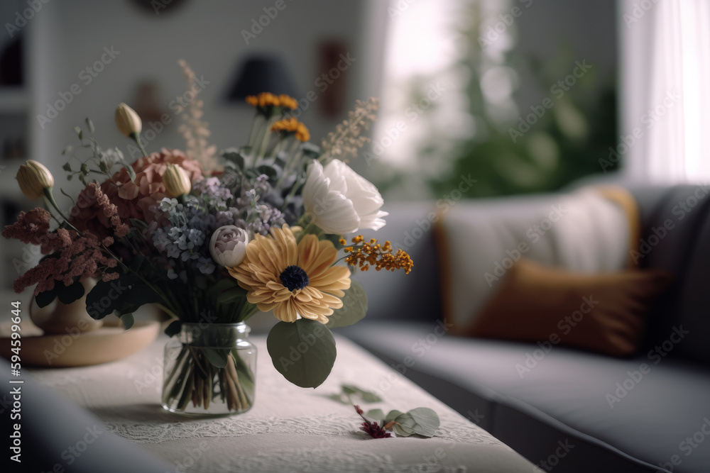 Interior design with flowers in vase. Illustration AI Generative.