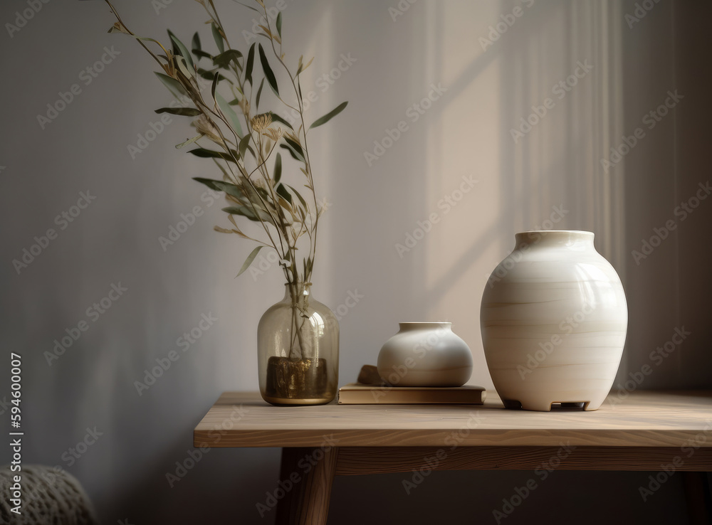 Minimalist interior design with vase. Illustration AI Generative.