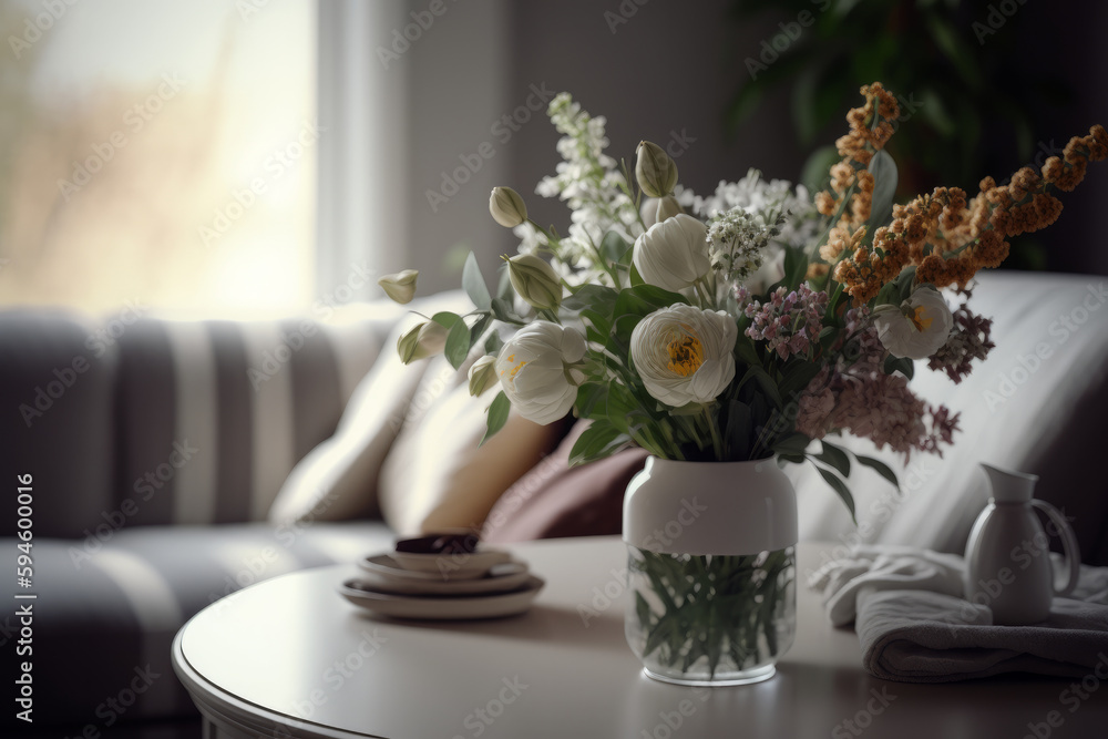 Interior design with flowers in vase. Illustration AI Generative.