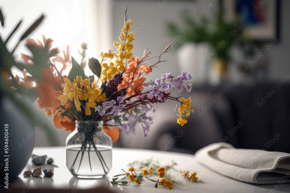 Interior design with flowers in vase. Illustration AI Generative.