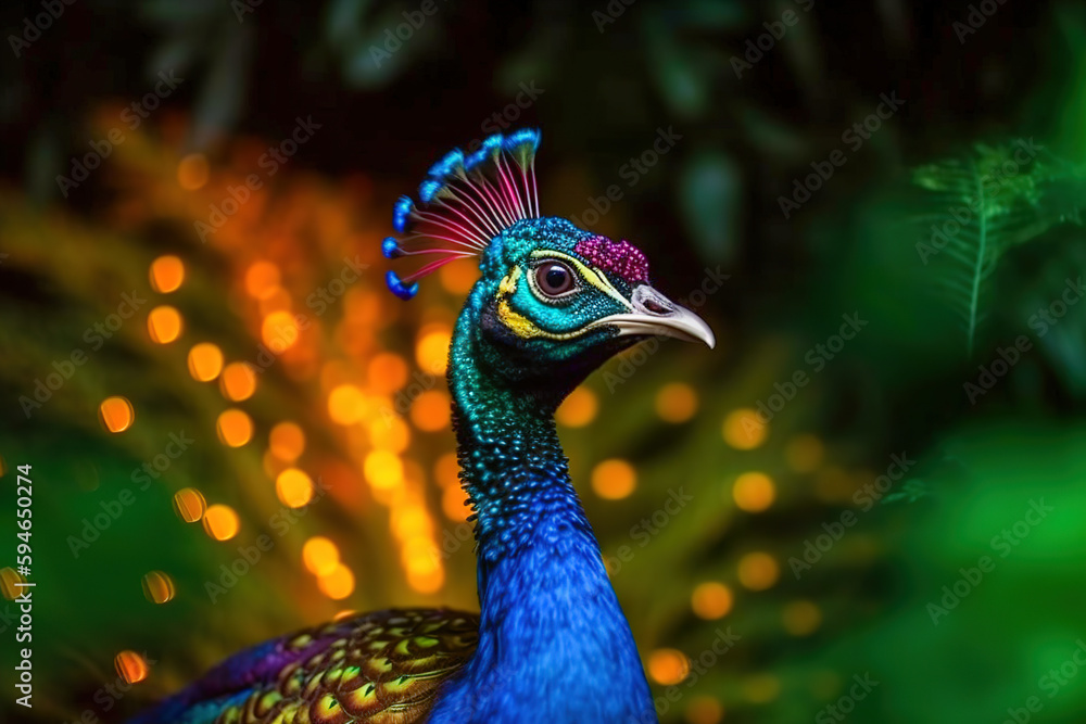 Close up of colorful beautiful peacock in jungle at night time with neon glow. Digital ai art