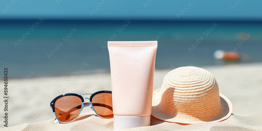 Blank empty white plastic tube. Sunscreen lotion on sandy beach, summer composition with sunglasses,