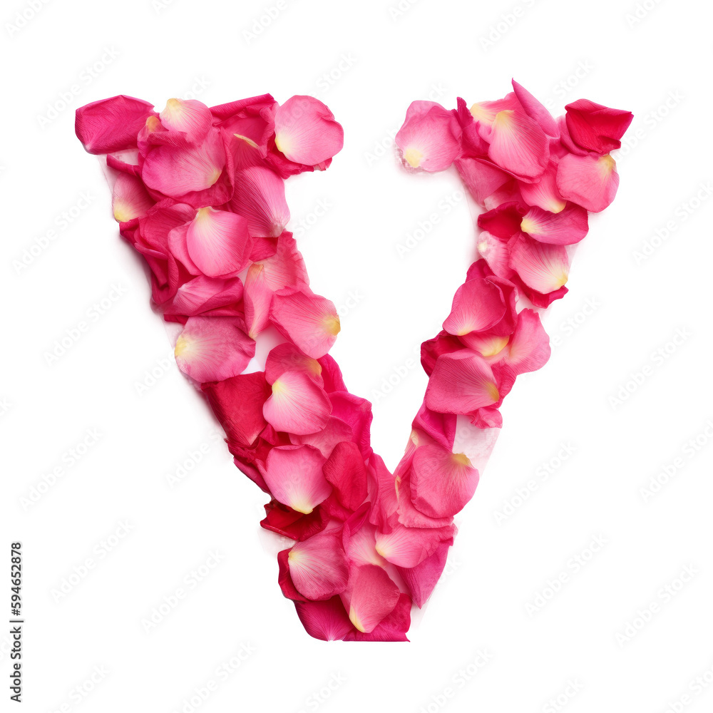 Letter V from rose petals. Illustration AI Generative.