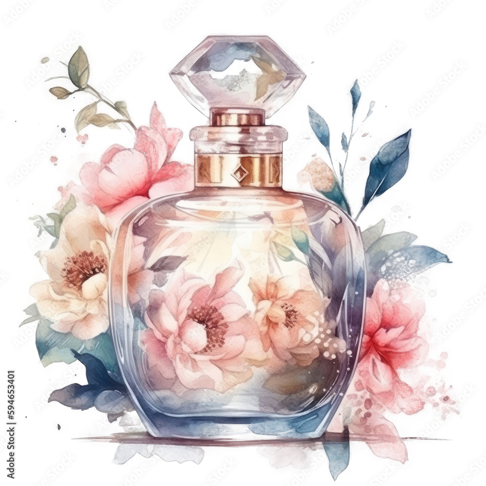 Watercolor perfume with flowers. Illustration AI Generative.