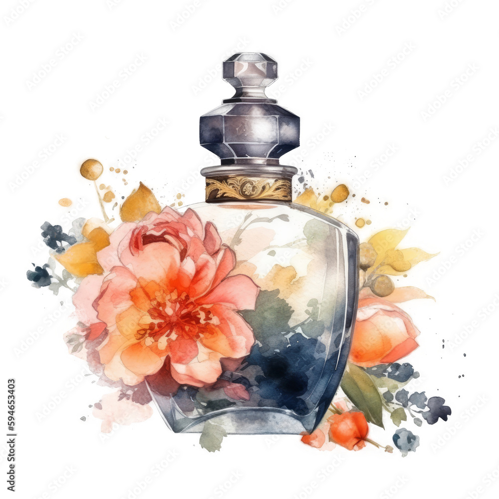 Watercolor perfume with flowers. Illustration AI Generative.