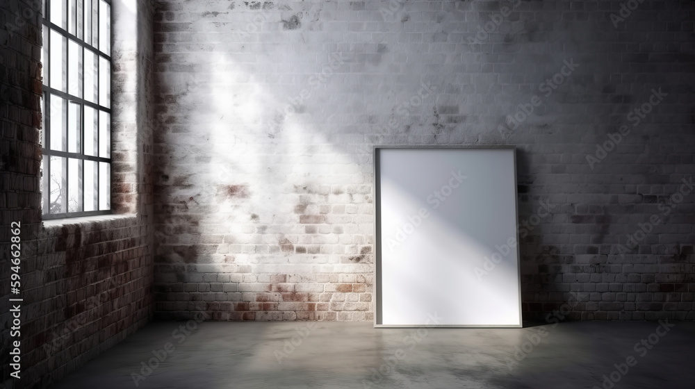 Blank white frame mockup against brick wall. Illustration AI Generative.