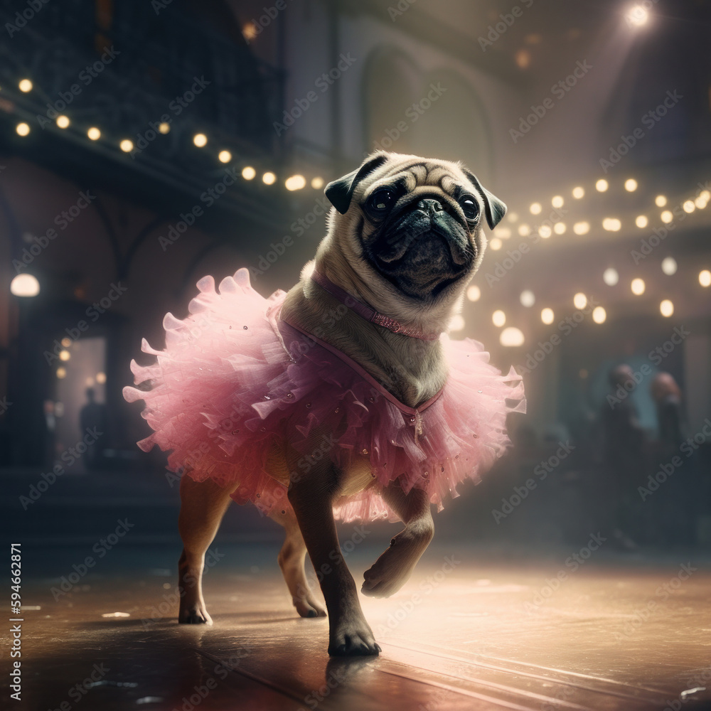 Pug dog like ballet dancer. Illustration AI Generative.