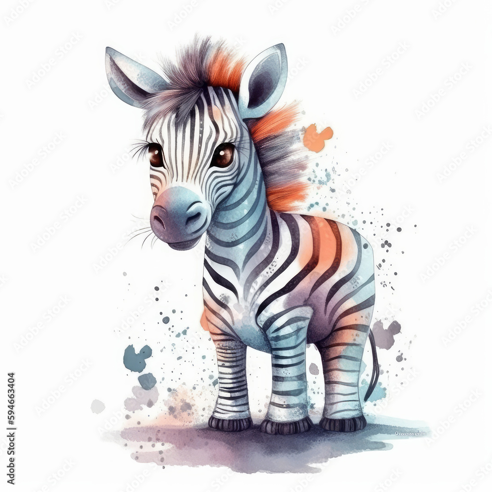 Cute watercolor baby zebra. Illustration AI Generative