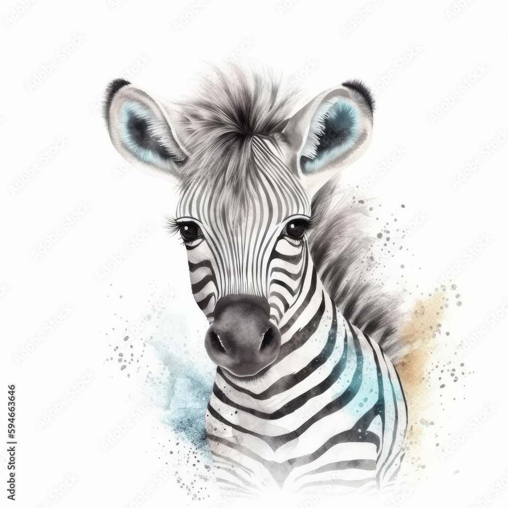 Cute watercolor baby zebra. Illustration AI Generative