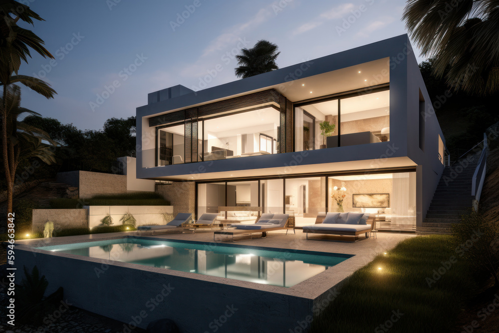 Modern villa. Illustration AI Generative.