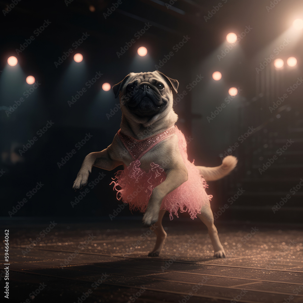 Pug dog like ballet dancer. Illustration AI Generative.