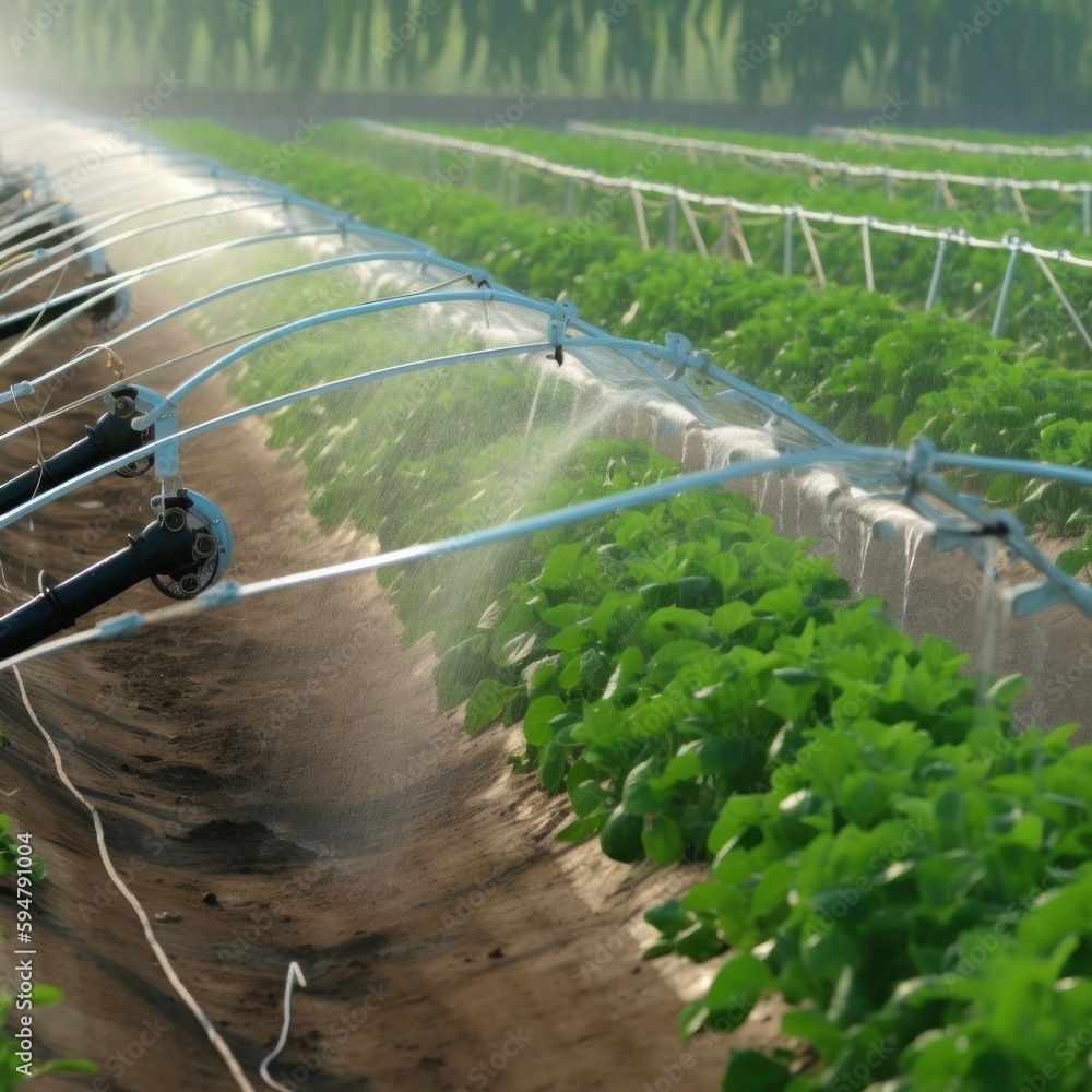 Irrigation system in functional watering of agricultural plants Illustration AI Generative