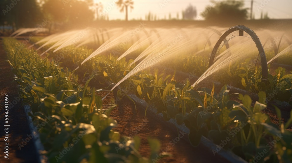 Irrigation system in functional watering of agricultural plants Illustration AI Generative