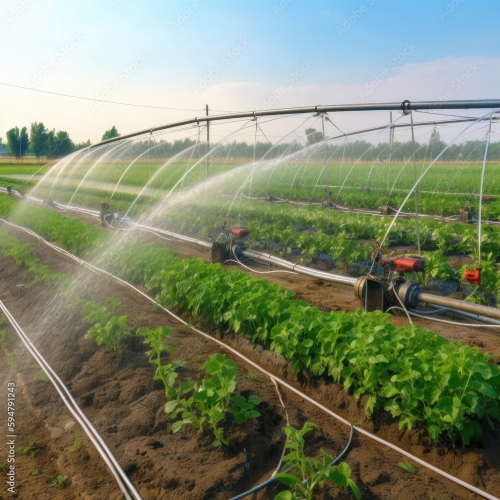 Irrigation system in functional watering of agricultural plants Illustration AI Generative