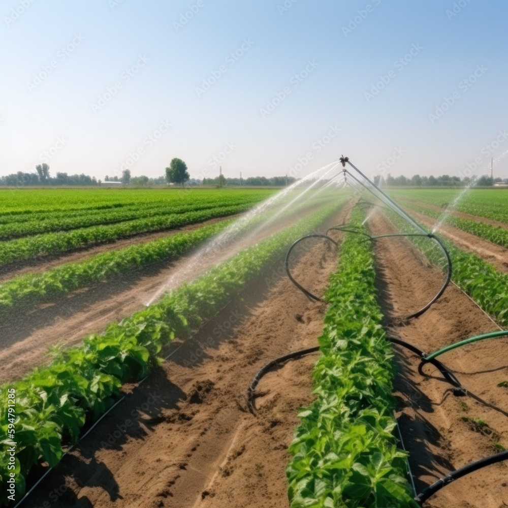 Irrigation system in functional watering of agricultural plants Illustration AI Generative