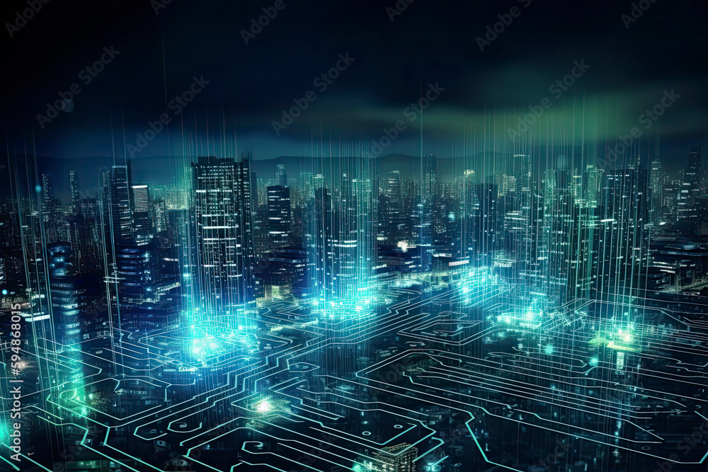 Smart city on circuit board background. Futuristic cyberspace concept