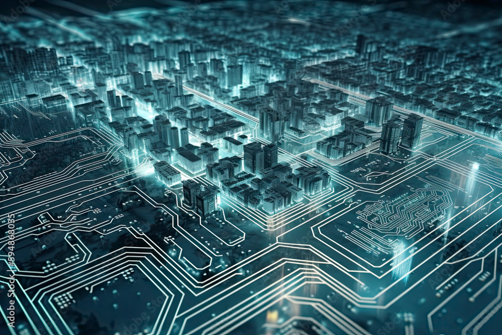 Smart city on circuit board background. Futuristic cyberspace concept