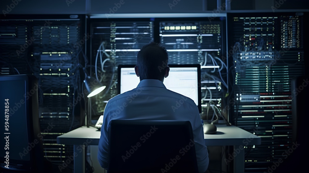 IT professional providing tech support, seen from the back, working in a server room with server rac