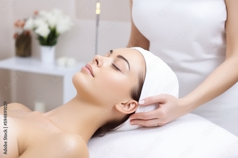 Beautiful woman receiving treatment at spa. Head massage at beauty spa. Skin rejuvenation concept. D