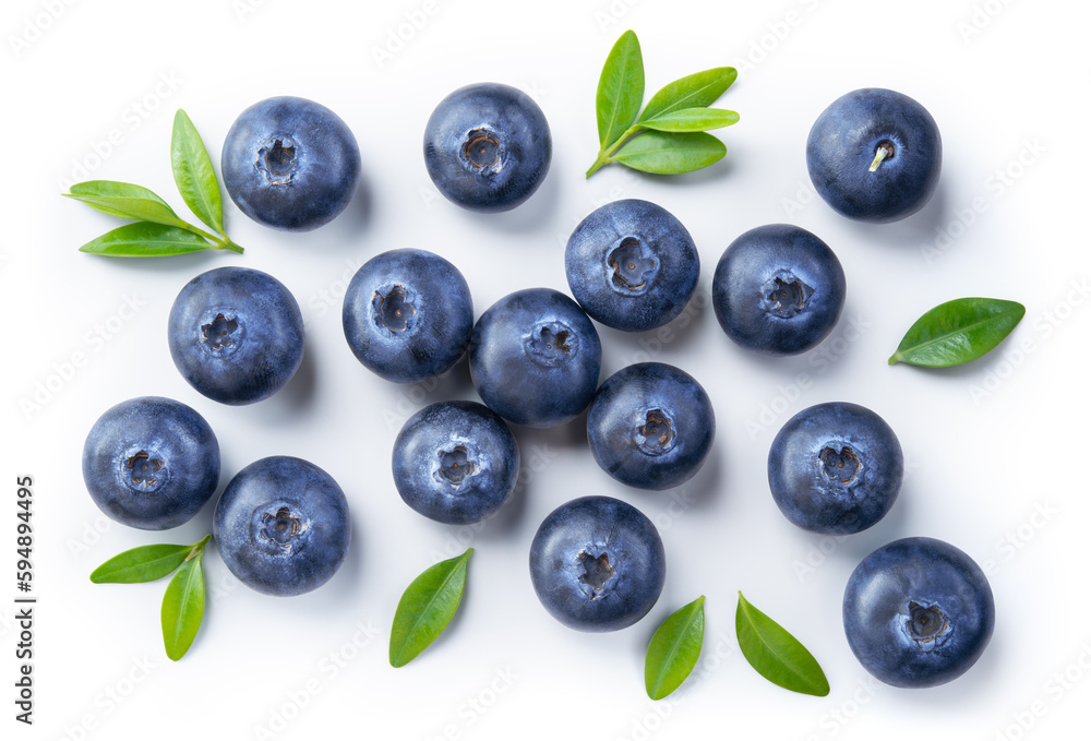 Blueberry isolated. Blueberries top view. Blueberry with leaves flat lay on white background with cl