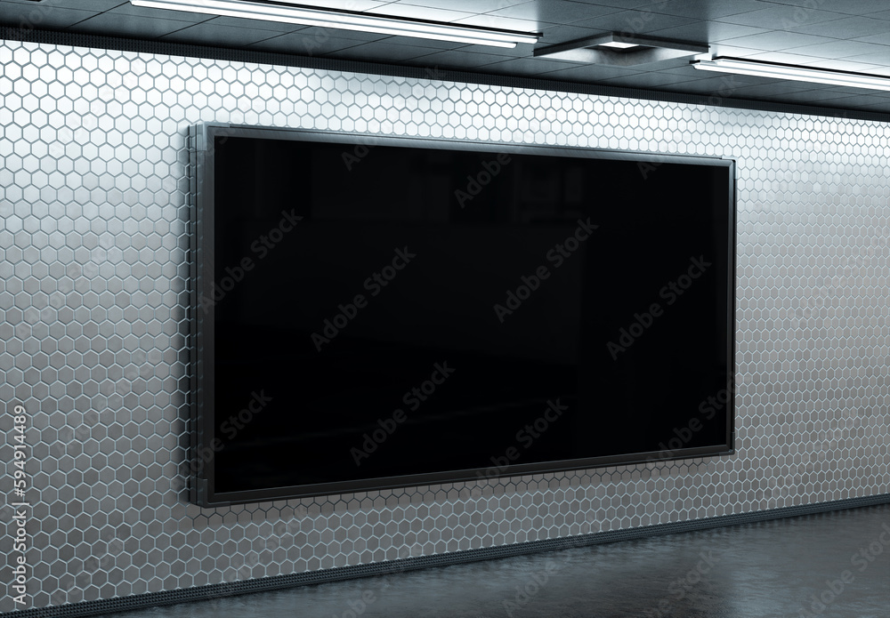 Panoramic 2:1 billboard on underground subway wall Mockup. Hoarding advertising on train station 3D 