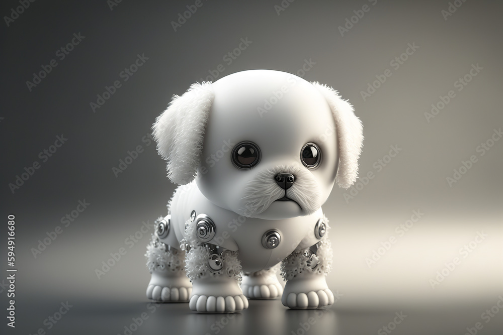 Cute robotic puppy on empty background. White happy little dog robot. Futuristic pet assistant power