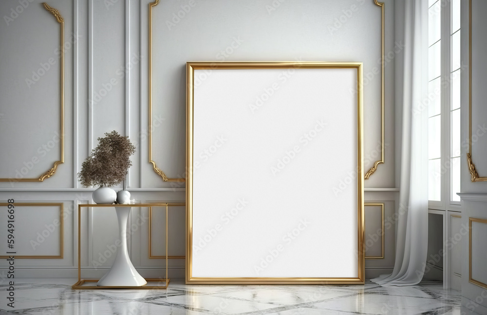 Vertical gold frame in a contemporary interior mockup. Generative Ai