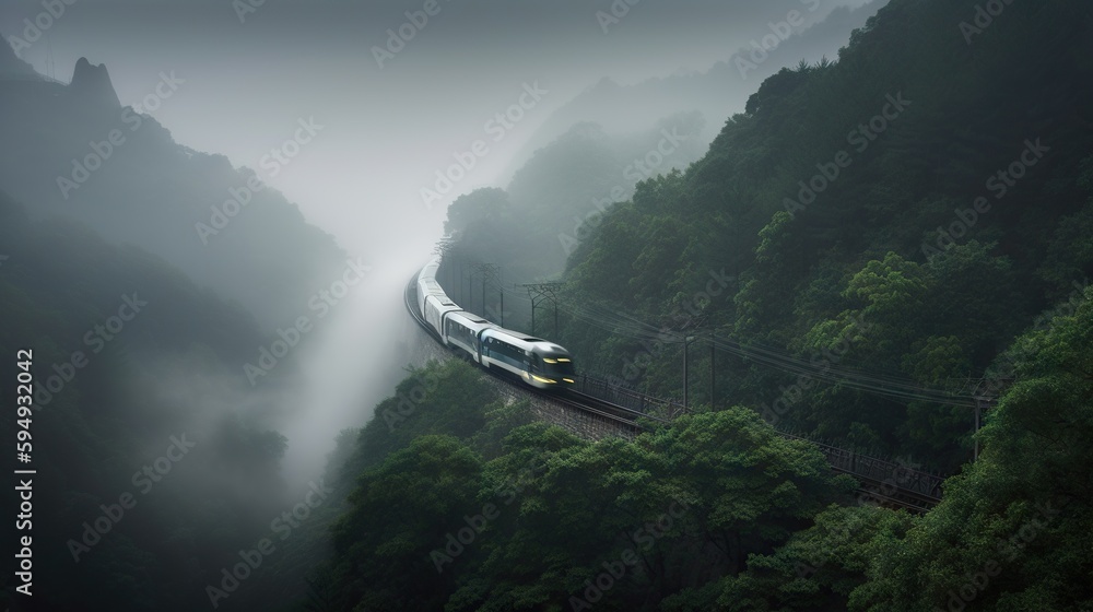 Speed passenger train moving in the mist mountains covered with forest. Generative AI