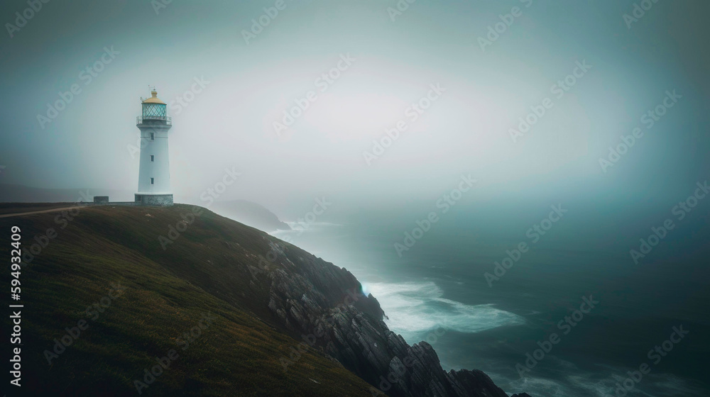 Lighthouse on a cliff edge in stormy and misty weather. Generative AI