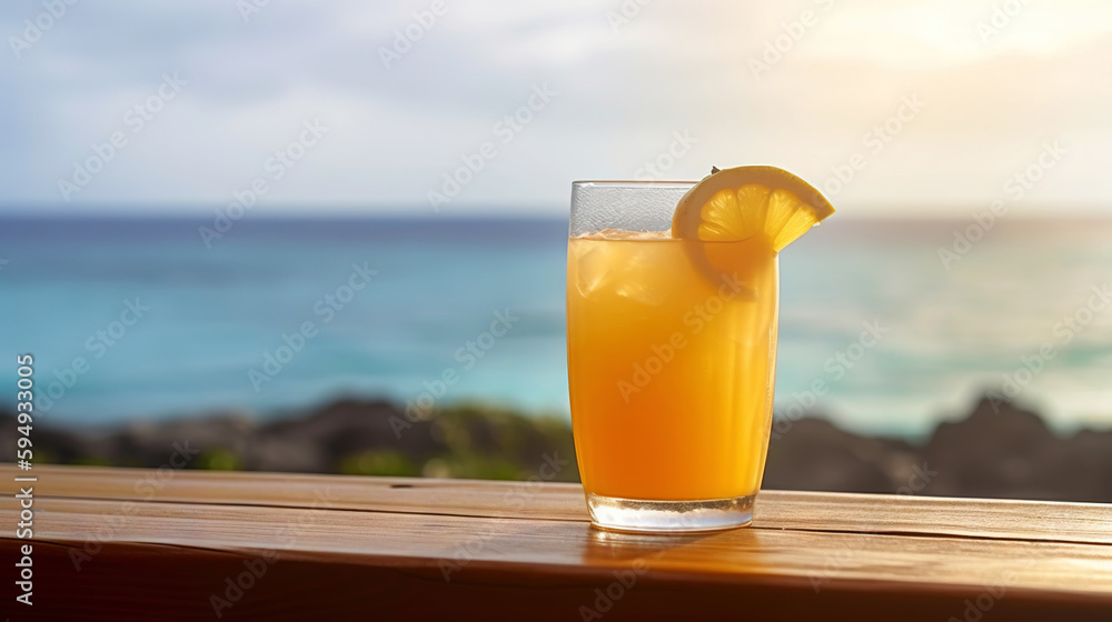 Dirty Monkey cocktail on background with blue sea and sky tropical background. Generative AI