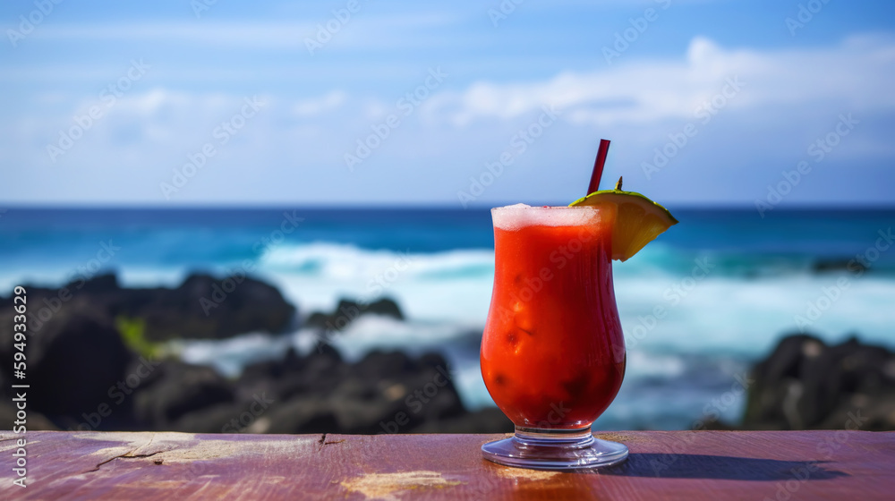 Lava flow cocktail on background with blue sea and sky tropical background. Generative AI