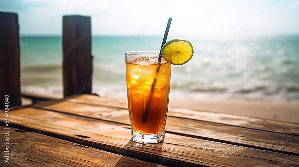 Long Island Iced Tea cocktail on background with blue sea and sky tropical background. Generative AI