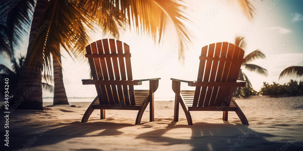 Two beach chair on beautiful tropical beach. Travel paradise concept. Generative AI