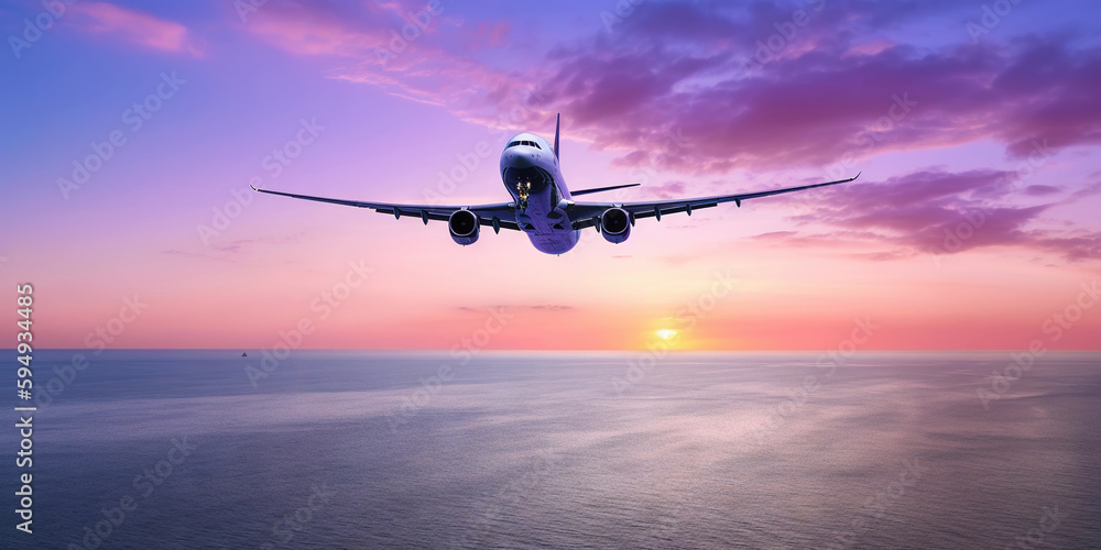 Passengers commercial airplane flying above sea surface on colorful paradise sunset. Airliner in fli