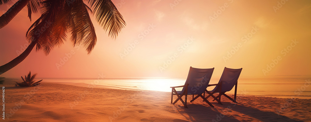 Two beach chair and umbrella on beautiful beach on sunset. Travel paradise concept. Generative AI