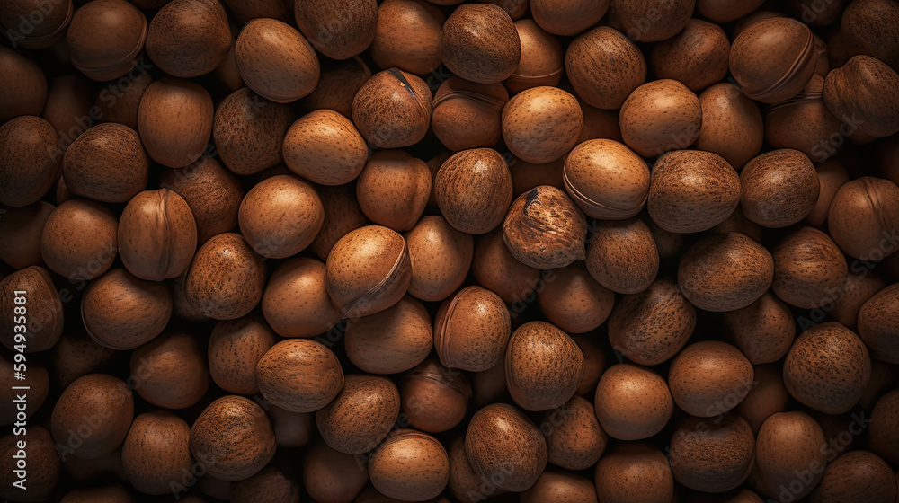 Many dried acorn nuts background. Top view on large group of nuts. Generative AI