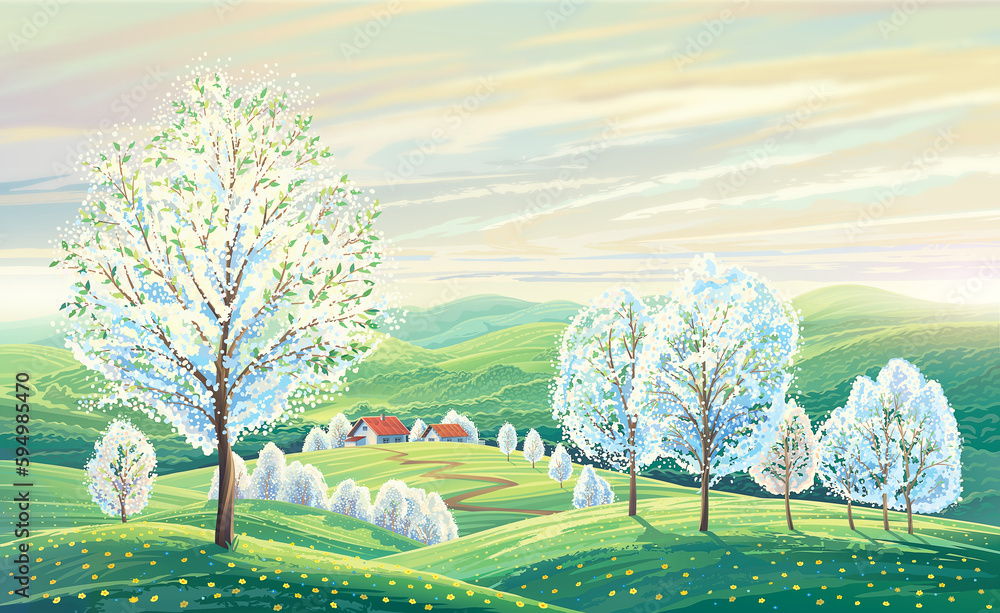 Spring rural landscape with hills and flowering fruit trees and also with a village in the backgroun