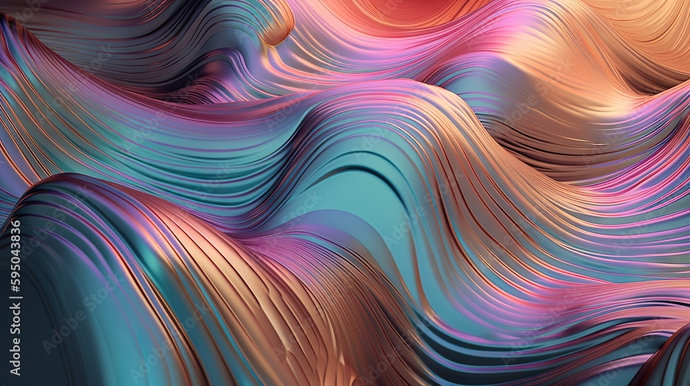 Wavy holographic foil. Neon gradient crumpled surface. Dreamy Y2K background. Generative AI