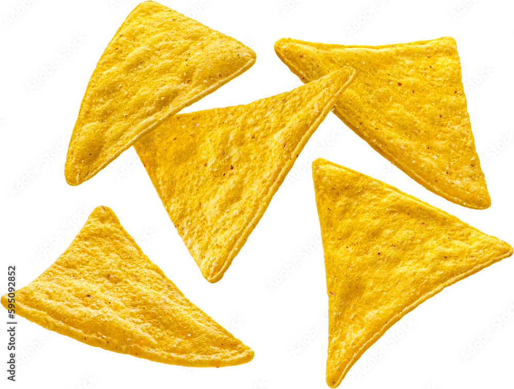 Falling nachos isolated on white background