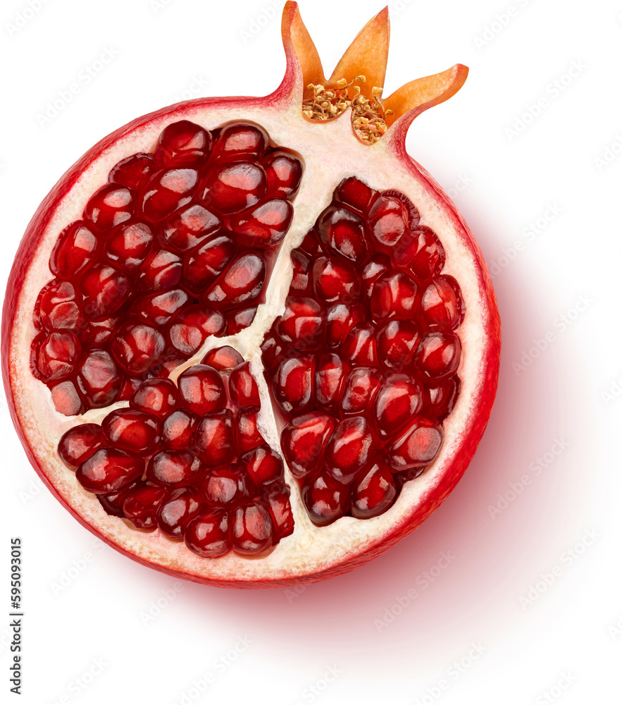 Pomegranate half isolated on white background, top view, flat lay