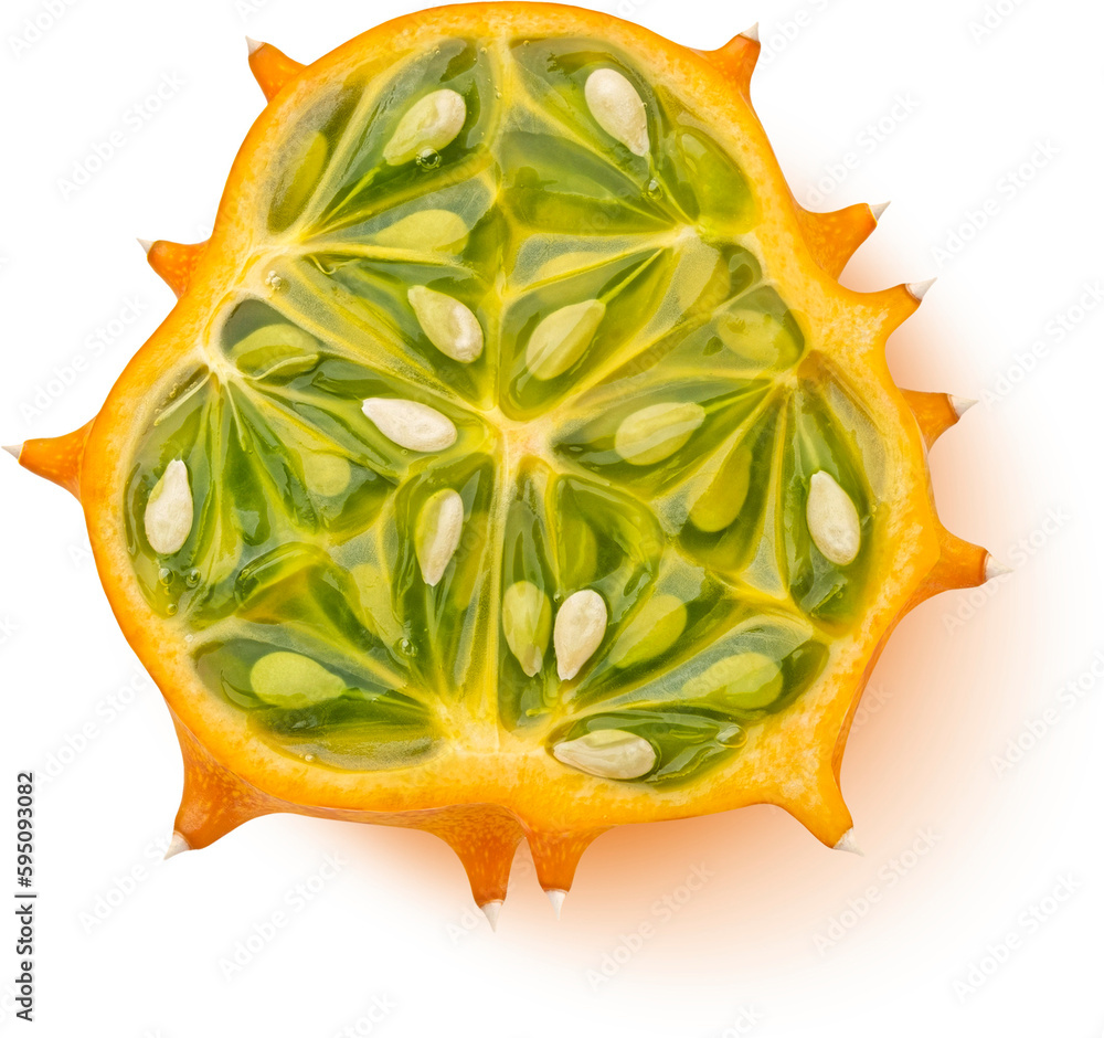 Kiwano slice. Horned melon isolated on white background, top view, flat lay