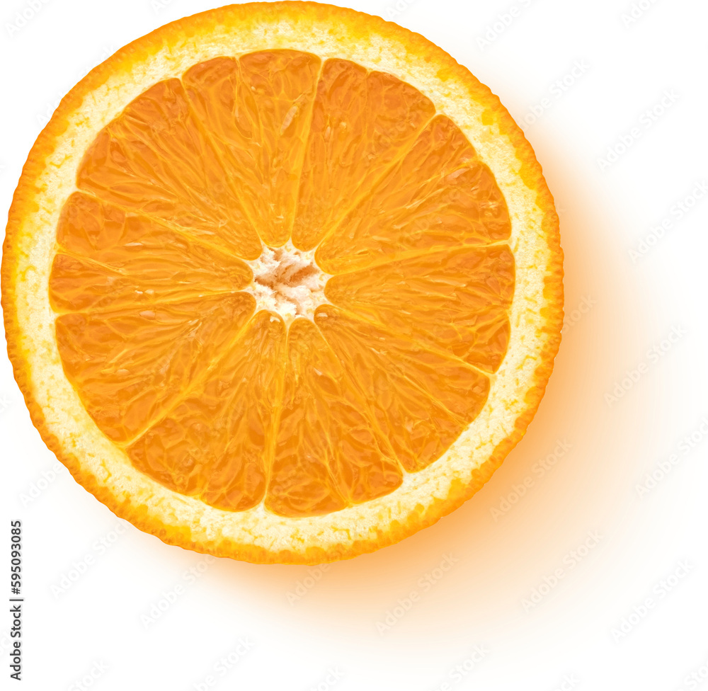 Slice of orange isolated, top view, flat lay