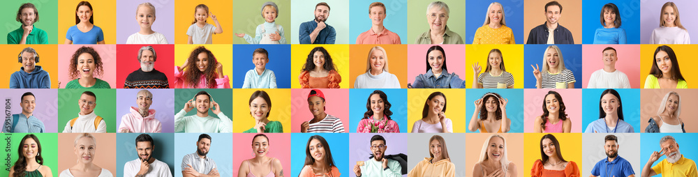 Group of beautiful people on color background