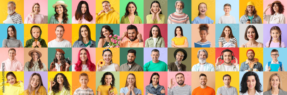 Collection of beautiful people on color background